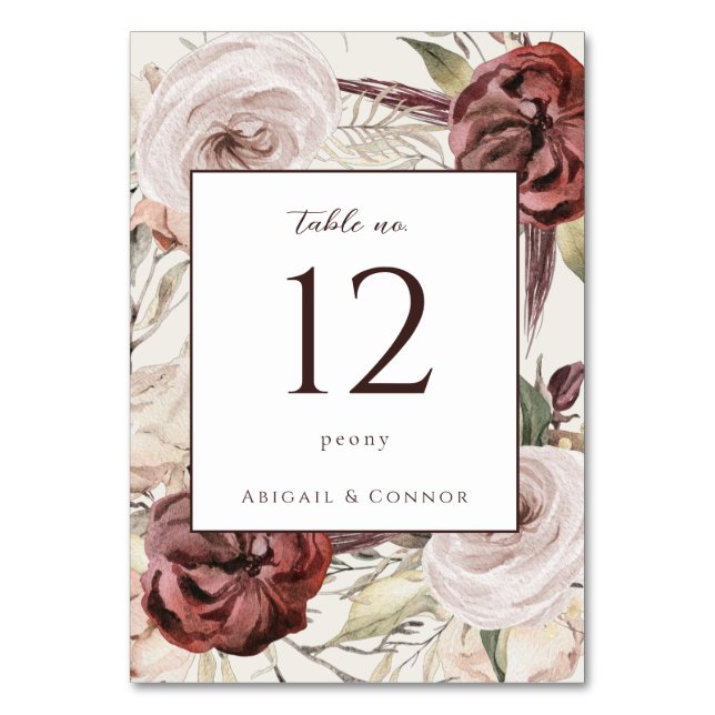 Rustic Boho Marsala Cream Floral Tischnummer (Vorderseite)
