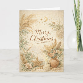 Rustic Boho Neutral Floral Merry Christmas Feiertagskarte