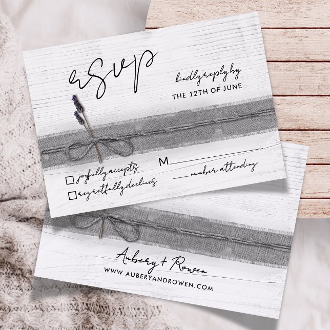 Rustic Boho Öko Imitats Burlap Wood Lavender Weddi RSVP Karte (Von Creator hochgeladen)