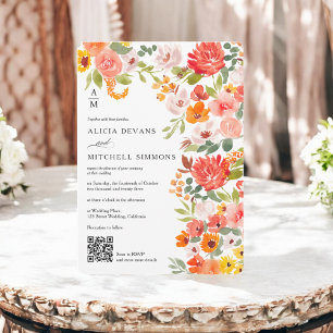 Rustic Boho Orange Floral Watercolor QR Hochzeit Einladung