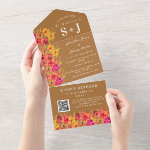 Rustic Boho Orange Terracotta Floral Wedding RSVP All In One Einladung