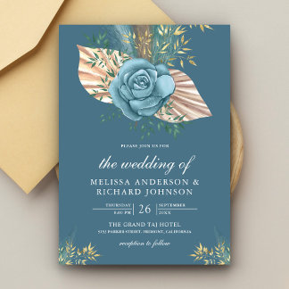 Rustic Boho Palm Dusty Blue Floral Wedding Einladung