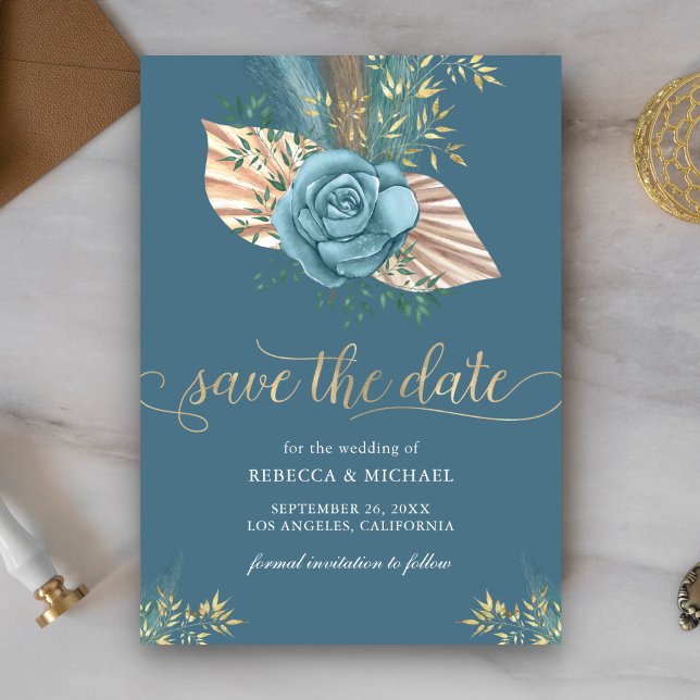 Rustic Boho Palm Dusty Blue Floral Wedding Save The Date (Von Creator hochgeladen)