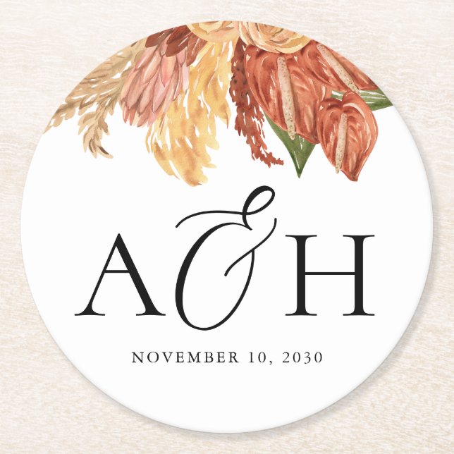 Rustic Boho Palm Leaf Monogram Wedding Runder Pappuntersetzer (Vorderseite)