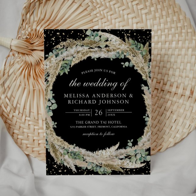 Rustic Boho Pampas Eucalyptus Wreath Black Wedding Einladung (Von Creator hochgeladen)