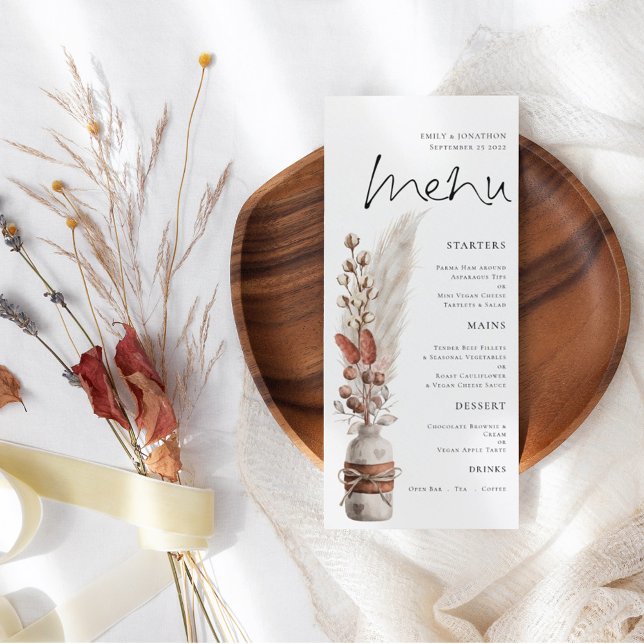 Rustic Boho Pampas Fette Wedding Menu Menükarte (Von Creator hochgeladen)