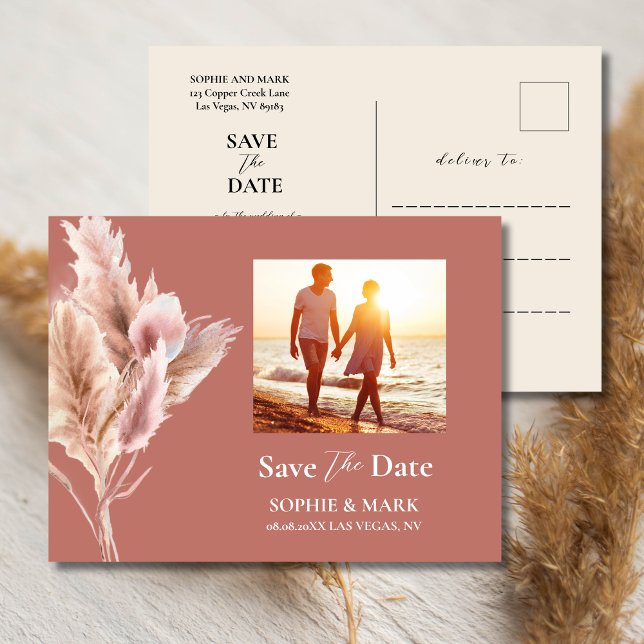 Rustic Boho Pampas Grass Save The Date Photo Postkarte (Von Creator hochgeladen)