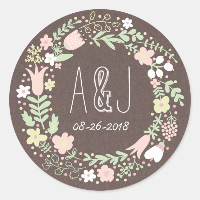 Rustic Boho Pastel Blume Wreath Wedding Runder Aufkleber (Vorderseite)