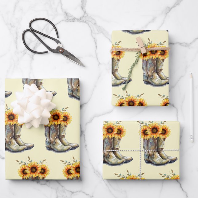 Rustic Boho Pattern - Cowboy Boots mit Sonnenblume Geschenkpapier Set (Vorderseite)