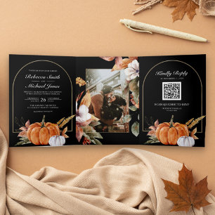 Rustic Boho Pumpkin Foto QR Code Black Wedding Dreifach Gefaltete Einladung