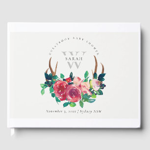 Rustic Boho Red Floral Stag Antlers Baby Showroom Gästebuch