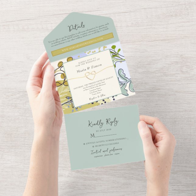 Rustic Boho Sage Yellow Wedding All In One Einladung (Abreißen)