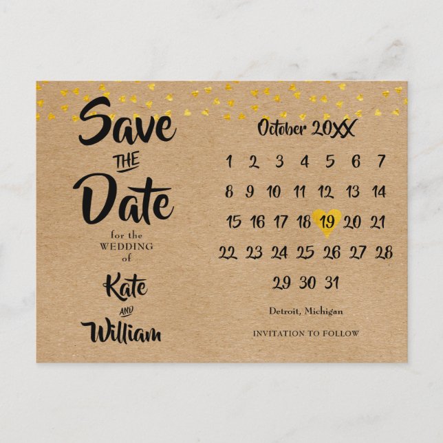 Rustic Boho Save the Date Gold Herzkalender Ankündigungspostkarte (Vorderseite)