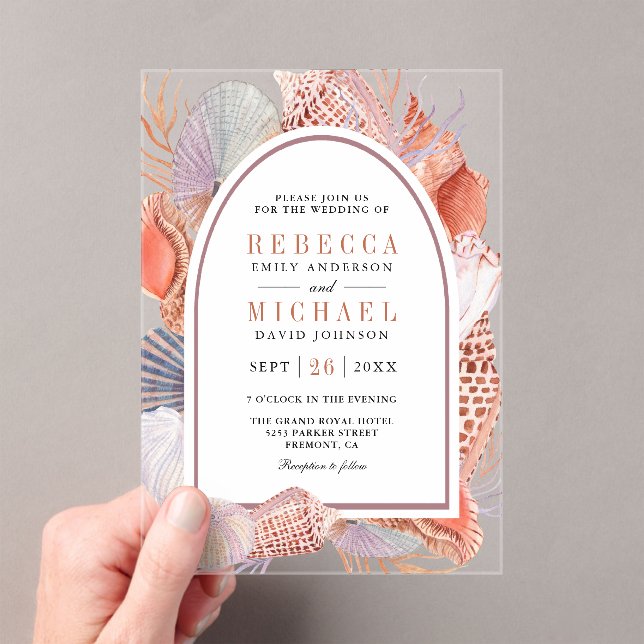 Rustic Boho Seashells Nautical Wedding Acryleinladungen (Insitu (Handheld))