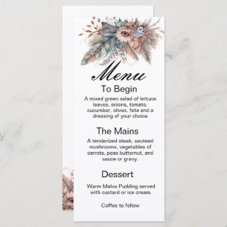 Rustic Boho Silver & Pink Floral Wedding Menu Menükarte