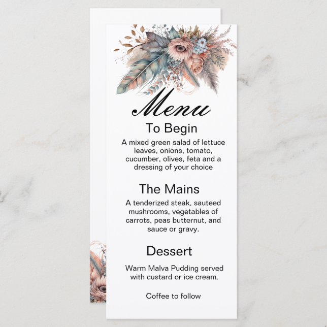 Rustic Boho Silver & Pink Floral Wedding Menu Menükarte (Vorne/Hinten)