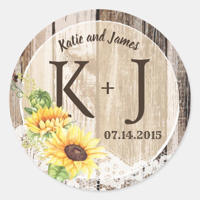 Rustic Boho Sonnenblume Spitzen Monogram Wedding Runder Aufkleber (Vorderseite)