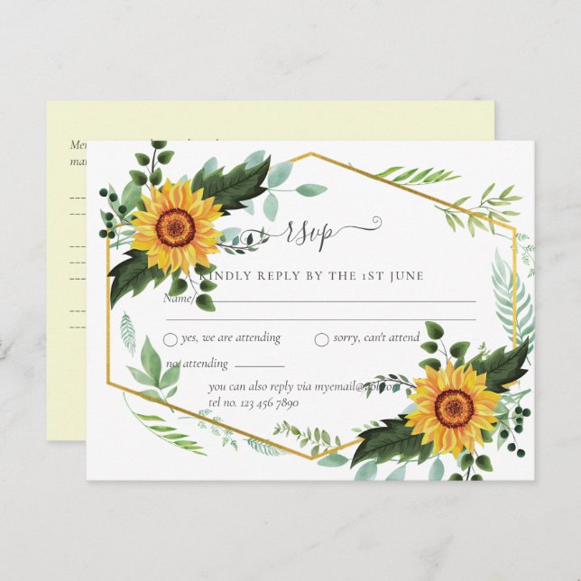 Rustic BOHO Sonnenblumen Grüne Hochzeit RSVP Postkarte (Vorne/Hinten)