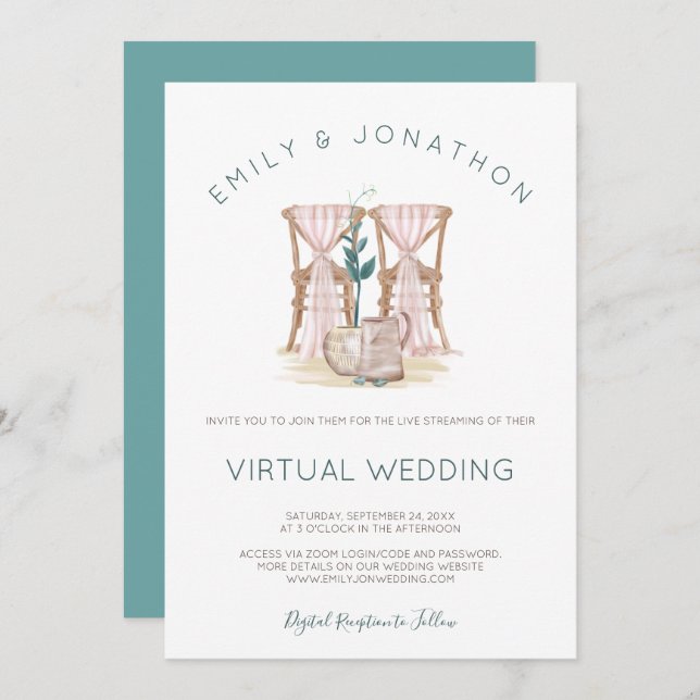Rustic Boho Stairs Blue Eucalyptus Virtual Wedding Einladung (Vorne/Hinten)