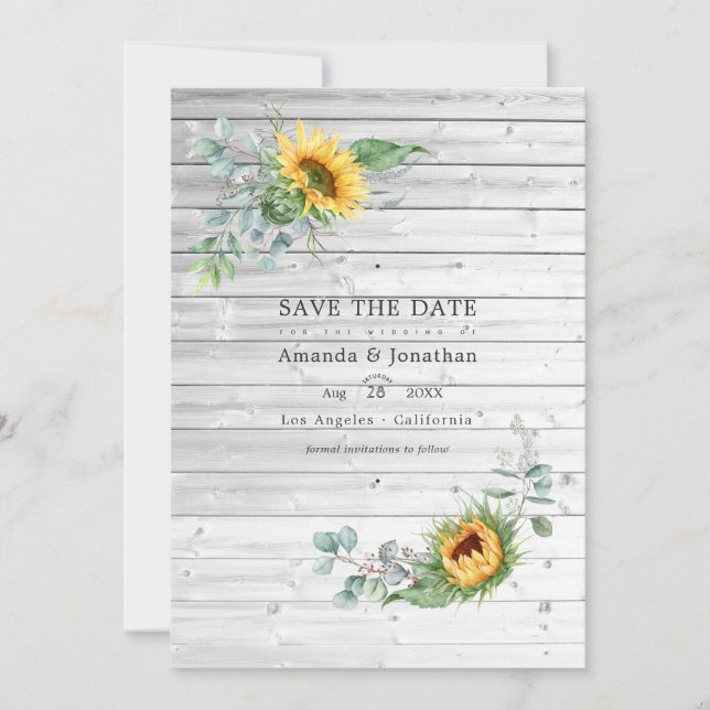 Rustic Boho Sunflower Eucalyptus Wedding Foto Save The Date (Vorderseite)