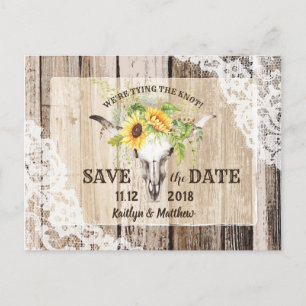 Rustic Boho Sunflower Longhorn Spitze Save the Dat Ankündigungspostkarte