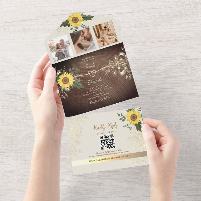 Rustic Boho Sunflower Wood Wedding All In One Einladung (Abreißen)