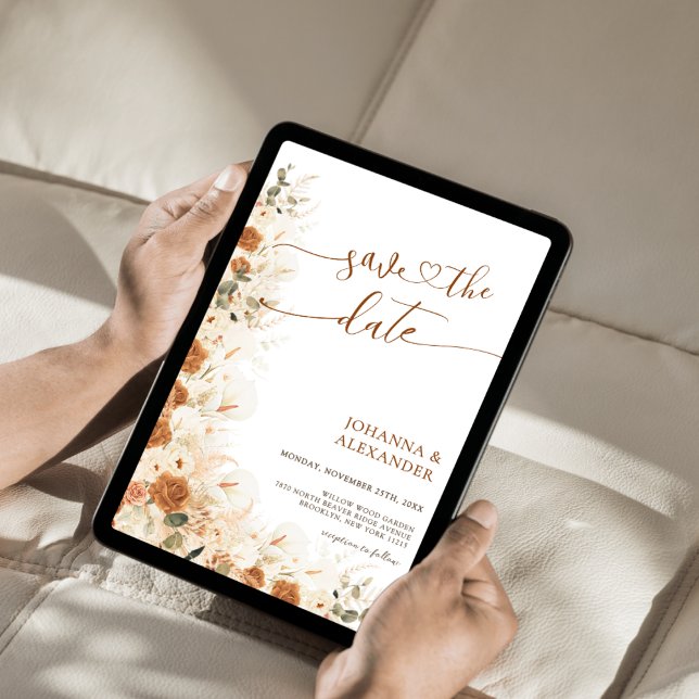 Rustic Boho Terracotta Floral QR Code Wedding Save The Date (Von Creator hochgeladen)