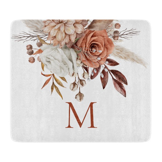 Rustic Boho Terracotta Florals Monogram Initial Schneidebrett (Vorderseite)