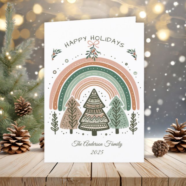 Rustic Boho Terracotta Rainbow Trees Weihnachten (Scandinavian rainbow and pine trees Christmas greeting card)