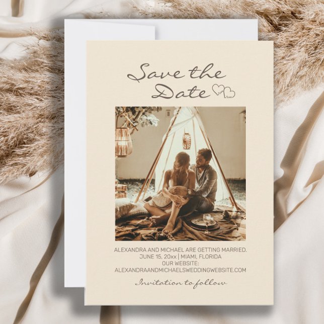 Rustic Boho Wedding Hearts Save The Date (Wedding Save-the-Date photo card with 2 hearts.)