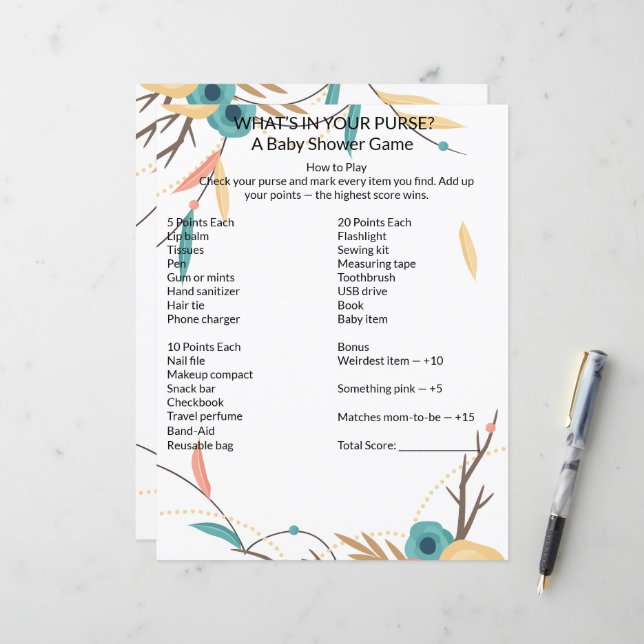 Rustic Boho What's In Your Purse Baby Shower Game (Vorderseite/Rückseite Beispiel)