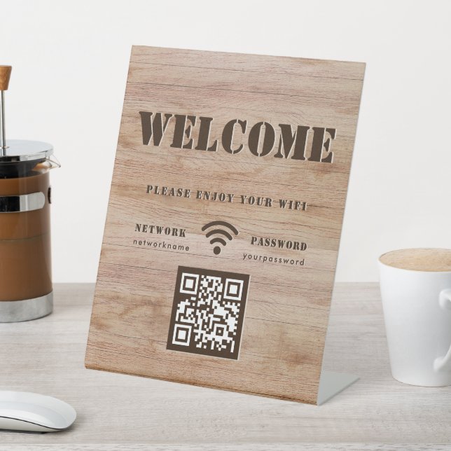 Rustic Bold Wood Grain Willkommen WIFI QR Code Sockelschild (In SItu)
