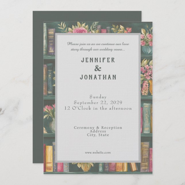 Rustic Book Lovers Print Floral Wedding Invitation Einladung (Vorne/Hinten)