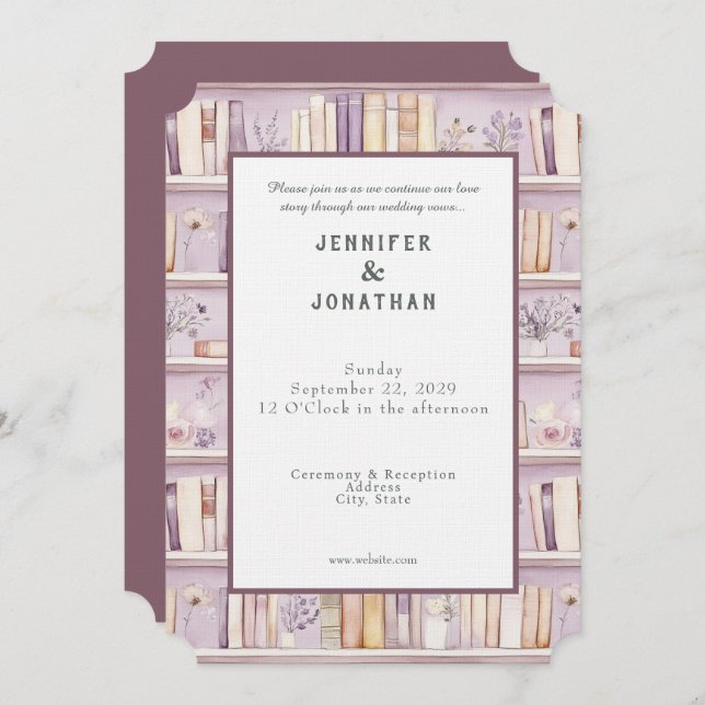 Rustic Book Lovers Print Wedding Invitation Einladung (Vorne/Hinten)