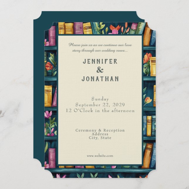 Rustic Book Lovers Print Wedding Invitation Einladung (Vorne/Hinten)