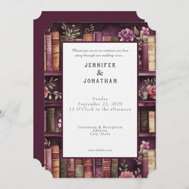 Rustic Book Lovers Print Wedding Invitation Einladung (Vorne/Hinten)