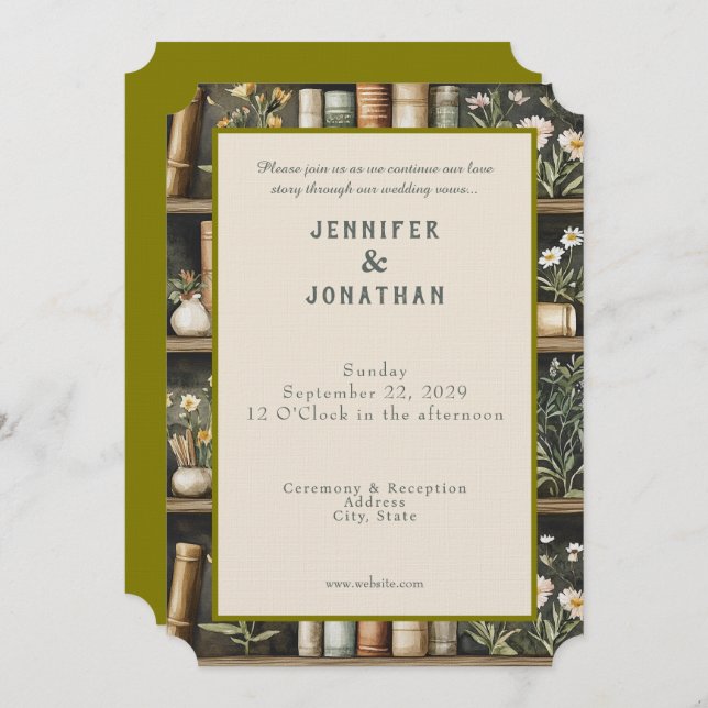 Rustic Book Lovers Print Wedding Invitation Einladung (Vorne/Hinten)