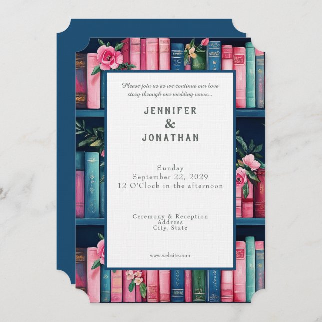 Rustic Book Lovers Print Wedding Invitation Einladung (Vorne/Hinten)