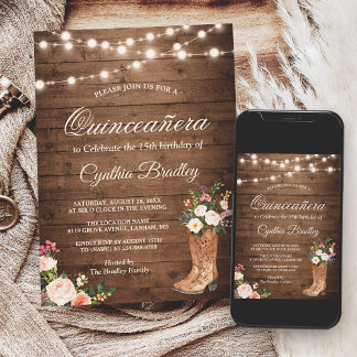 Rustic Boots Cowgirl Quinceañera 15. Geburtstag Einladung