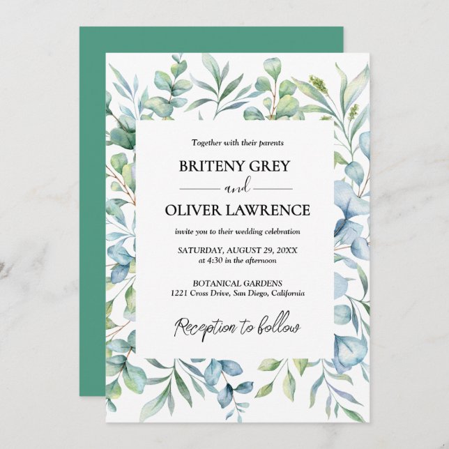 Rustic Botanical Eucalyptus Greenery Wedding Einladung (Vorne/Hinten)