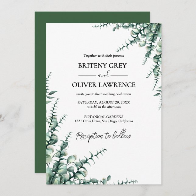 Rustic Botanical Eucalyptus Greenery Wedding Einladung (Vorne/Hinten)