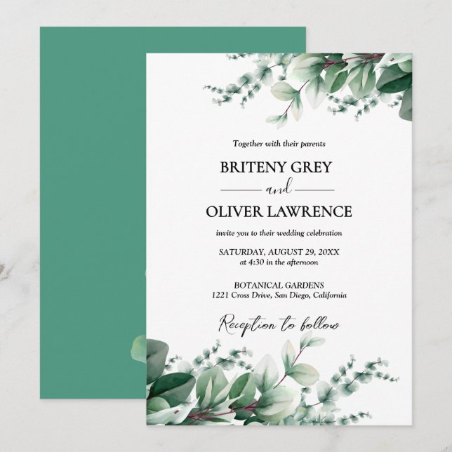 Rustic Botanical Eucalyptus Greenery Wedding Einladung (Vorne/Hinten)