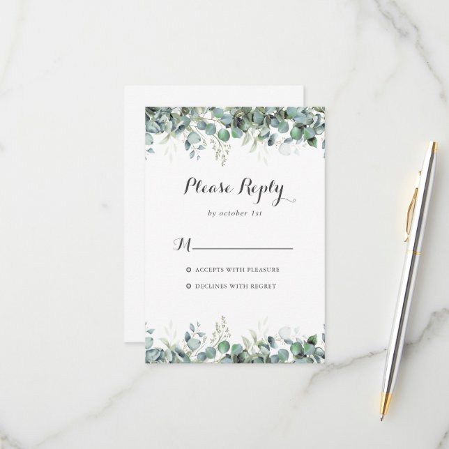 Rustic Botanical Eucalyptus Greenery Wedding RSVP Karte (Vorderseite/Rückseite Beispiel)