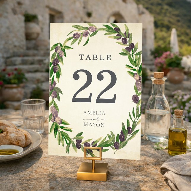 Rustic Botanical Olive Wreath Table Number Card Tischnummer (Rustic Botanical Olive Branch Wreath Table Number Card)