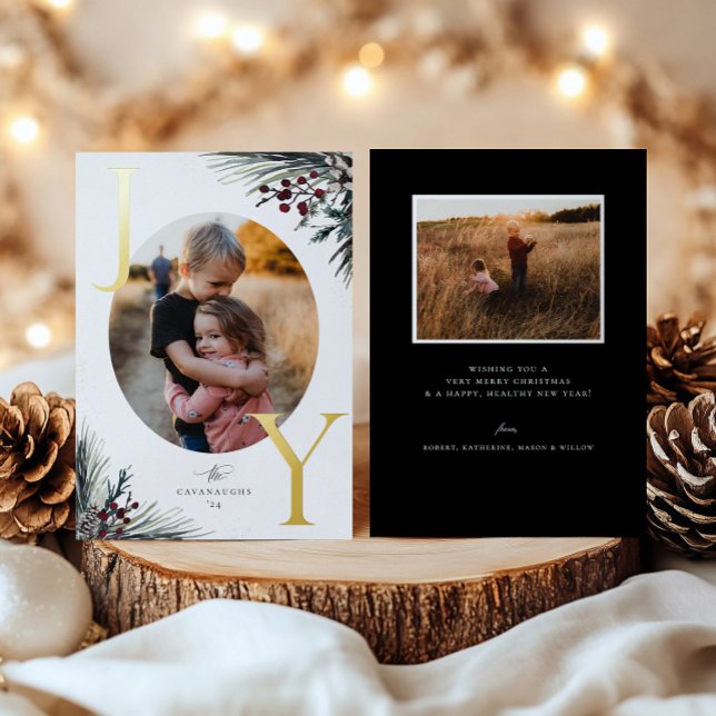 Rustic Boughs Gold Joy Holiday Foto Card Folieneinladung (Von Creator hochgeladen)
