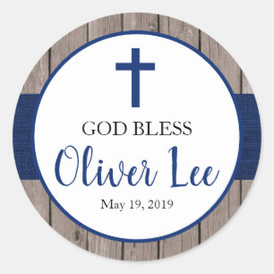 Rustic Boy Baptisse Navy Burlap & Wood Bevorzugung Runder Aufkleber