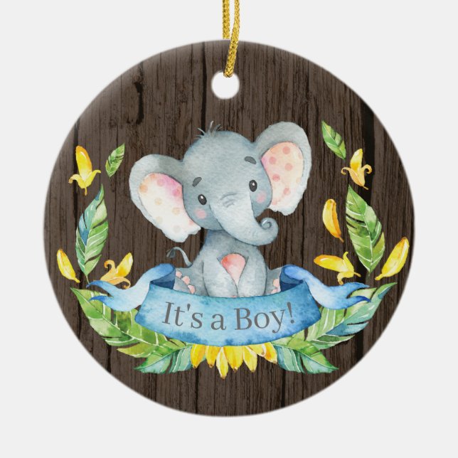Rustic Boy Elephant Baby Dusche Blau Keramik Ornament (Vorne)