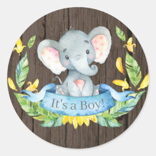 Rustic Boy Elephant Baby Dusche Blau Runder Aufkleber