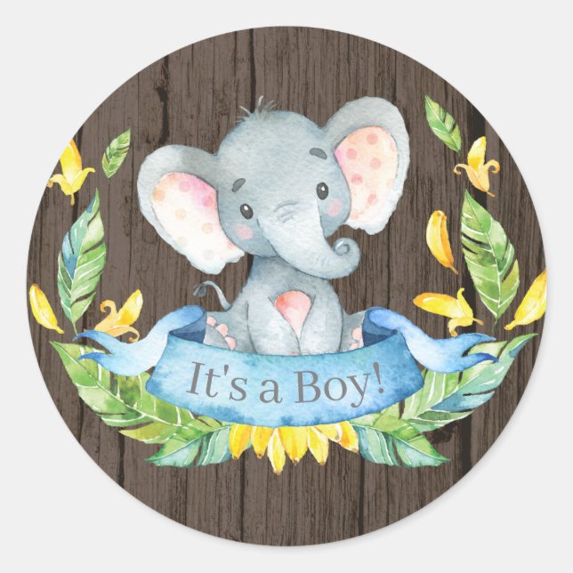 Rustic Boy Elephant Baby Dusche Blau Runder Aufkleber (Vorderseite)
