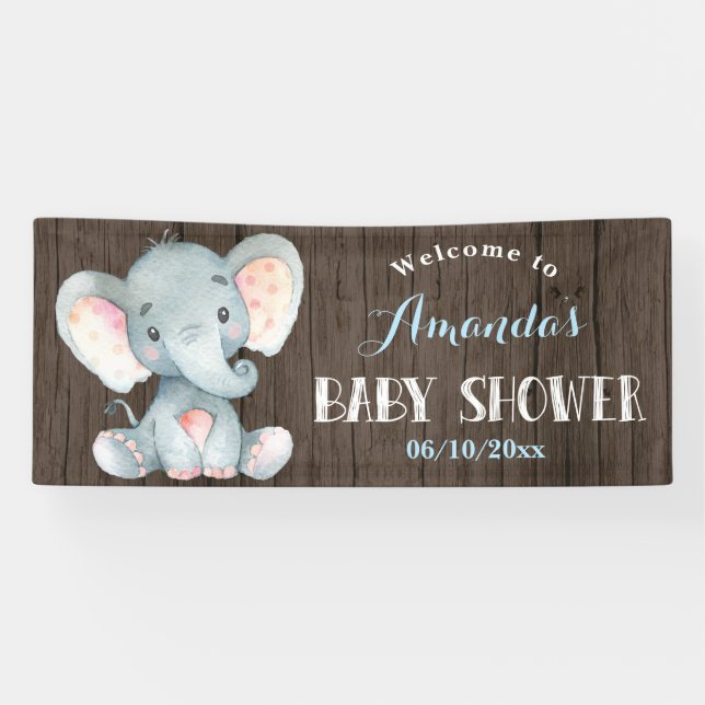 Rustic Boy Elephant Baby Dusche Blau und Grau Banner (Horizontal)